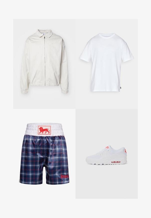 Veste Nike blanche et légère avec un col, fermeture éclair à l'avant, poignets élastiques et un petit logo sur la poitrine gauche. Texture lisse.; T-shirt en coton blanc à manches courtes et col rond. Présente un petit logo Nike subtil sur la poitrine et une étiquette sur le côté.; Shorts de bain à carreaux bleus avec une taille élastique blanche et un patch avec un logo de lion rouge. Présente un motif à carreaux rouges et blancs pour un look sportif.; Baskets de sport blanches avec une tige lisse, un système de laçage, une semelle rembourrée et une unité d'air visible avec des accents rouges sur le logo.