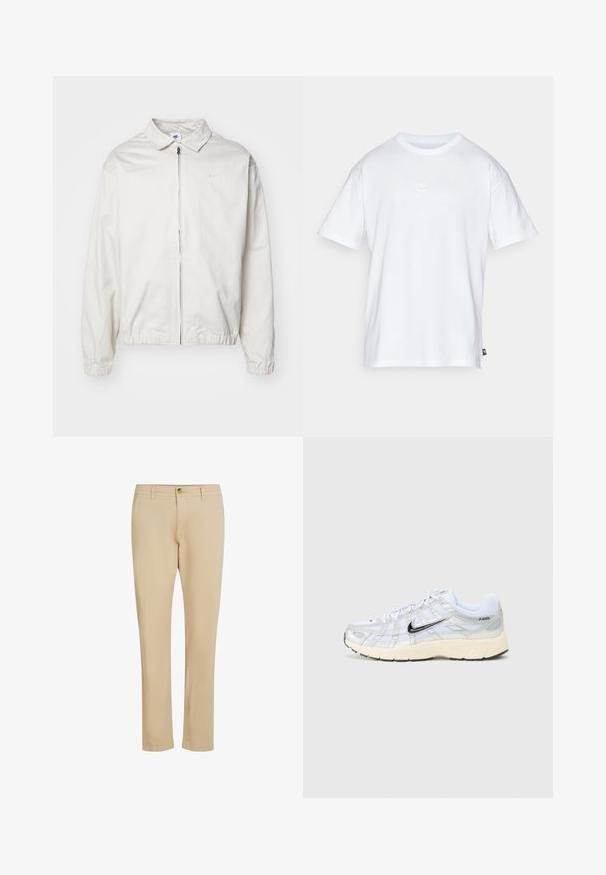 Valkoinen, kevyt Nike-takki, jossa on kauluksellinen kaula-aukko, etuvetoketju, joustavat hihansuut ja pieni logo vasemmalla rinnalla. Sujuva pinta.; Valkoinen puuvillainen t-paita, jossa on lyhyet hihat ja pyöreä kaula-aukko. Paidassa on pieni, huomaamaton Nike-logo rinnassa ja sivulappu.; Beige-housut suoran lahkeen muotoilulla, varustettuna vetoketjulla ja nappiläpällä, valmistettu sileästä kankaasta, jossa on hienovaraisia ompelutietoja.; Valkoiset verkkonauhat, joissa on hopeiset yksityiskohdat, musta Nike-logo, pehmustettu nilkkapanta ja texturoitu pohja. Kestävyys tarjoava kerrosrakenteinen muotoilu.