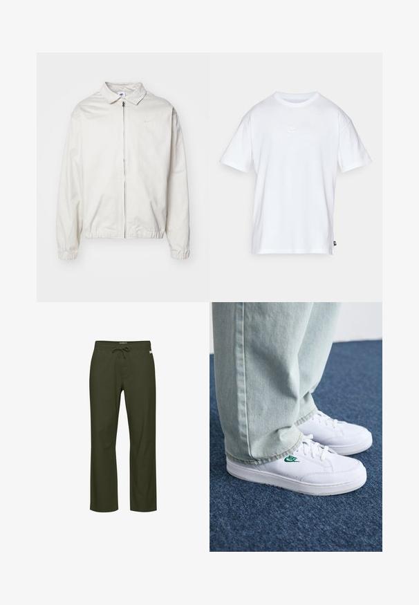 Fehér, könnyű Nike dzseki, galléros nyakkal, elöl cipzárral, elasztikus mandzsettákkal és kis logóval a bal melle részén. Simaszerű textúra.; Fehér pamut póló, rövid ujjakkal és kerek nyakkivágással. Jellemzője egy kis, diszkrét Nike logó a mellkason és egy oldalsó címke.; Olívazöld nadrág húzózsinóros derékrésszel, egyenes szárú kialakítással, puha anyag textúrával és egy diszkrét logócímkével az elején.; Fehér bőr sportcipők zöld Nike logóval, kerek orral, lapos talppal, világoskék farmernadrággal párosítva, kék szőnyegen bemutatva.