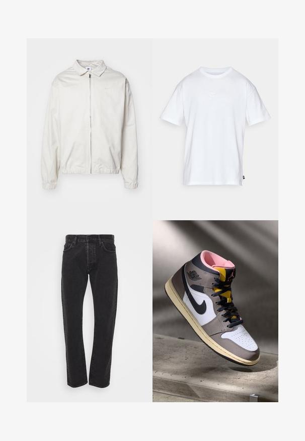 White, lightweight Nike jacket with a collared neckline, front zipper, elastic cuffs, and a small logo on the left chest. Smooth texture.; White cotton t-shirt with short sleeves and a round neck. Features a small, subtle Nike logo on the chest and a side label.; Men's black straight-leg denim jeans with front button and zip fly, five pockets, and belt loops on a plain white background.; High-top Nike Air Jordan sneaker in white, grey, and black with pink interior and yellow tongue, positioned on a concrete surface.