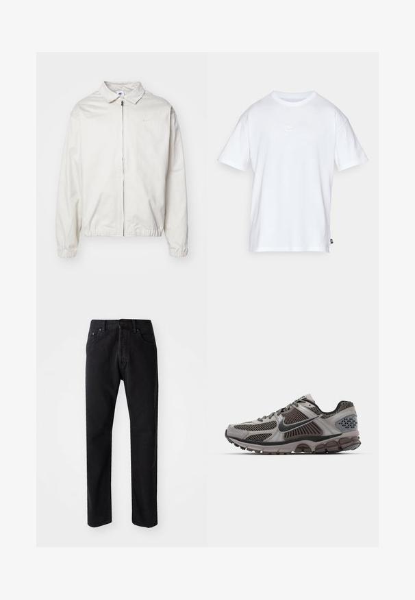 Chaqueta blanca y ligera de Nike con cuello tipo camisa, cremallera frontal, puños elásticos y un pequeño logotipo en el lado izquierdo del pecho. Textura suave.; Camiseta de algodón blanca con mangas cortas y cuello redondo. Presenta un pequeño y sutil logo de Nike en el pecho y una etiqueta lateral.; Jeans de denim negro con corte recto, cinco bolsillos y cierre de botón. Presenta costuras visibles y una tela suave y texturizada.; Zapatilla de running en gris claro y marrón oscuro con detalles de malla, diseño estructurado y suela de goma gruesa. Presenta el logotipo de Nike y acentos texturizados.