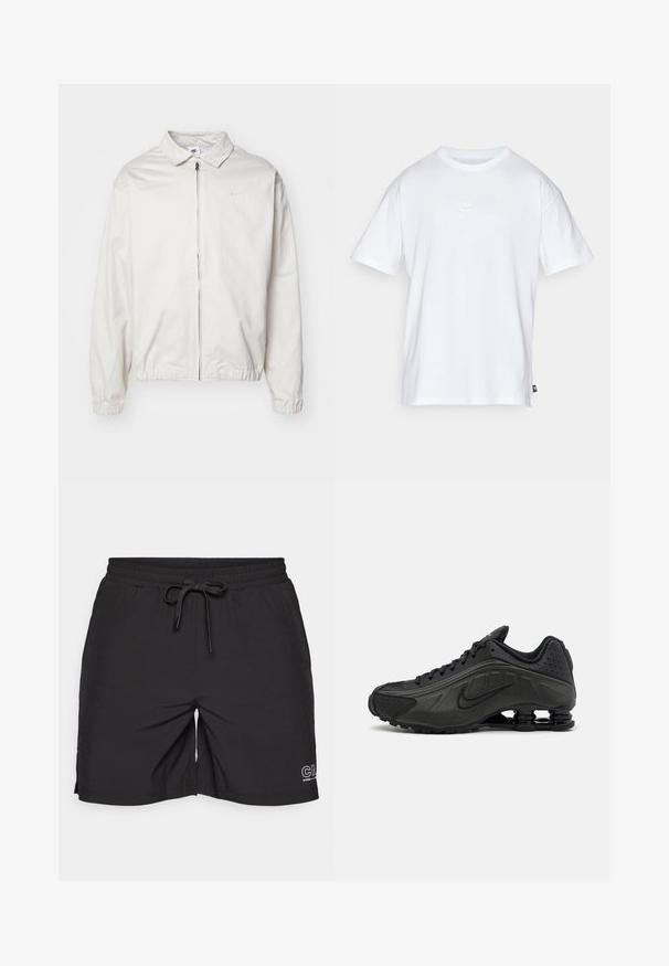 Valkoinen, kevyt Nike-takki, jossa on kauluksellinen kaula-aukko, etuvetoketju, joustavat hihansuut ja pieni logo vasemmalla rinnalla. Sujuva pinta.; Valkoinen puuvillainen t-paita, jossa on lyhyet hihat ja pyöreä kaula-aukko. Paidassa on pieni, huomaamaton Nike-logo rinnassa ja sivulappu.; Mustat shortsit, jotka on valmistettu pehmeästä kankaasta, jossa on joustava vyötärö ja nauha, sekä sivuhalkiot liikkumisen helpottamiseksi.; Mustat juoksukengät, joissa on sileä synteettinen päällinen, rei'itetyt yksityiskohdat, teksturoidut sivupaneelit ja erottuva joustava pohja.