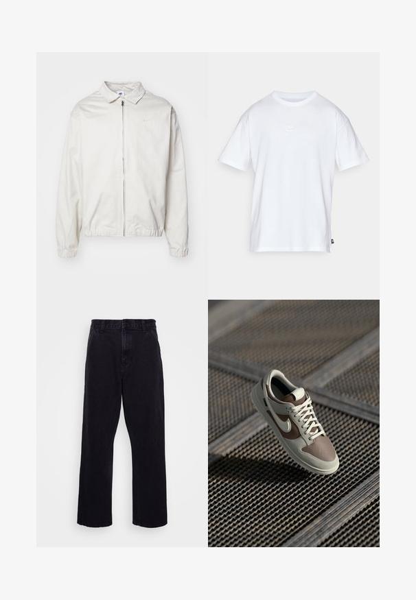 Bijela, lagana Nike jakna s ovratnikom, prednjim patentnim zatvaračem, elastičnim rukavima i malim logom na lijevoj strani prsa. Glatka tekstura.; Bijela pamučna majica s kratkim rukavima i okruglim izrezom. Ima mali, diskretni Nike logo na prsima i oznaku sa strane.; Crne traperice sa ravnim krojem, s gumbom i patentnim zatvaračem, petljama za pojas i minimalnim detaljima šivanja.; Nike tenisica s bež i smeđim gornjištem od kože, bijelim vezicama, perforiranim prstom i gumeni potplat s teksturiranim gripom.