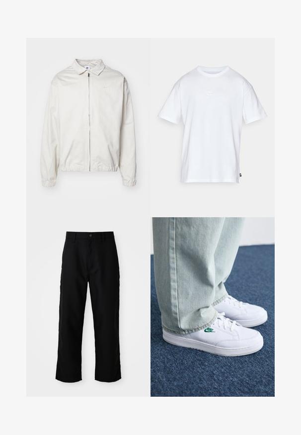 Valge, kerge Nike jakk, milles on krae, ees lukk, elastsed mansetid ja väike logo vasakul rinnal. Sile tekstuur.; Valge puuvillane t-särk lühikeste varrukatega ja ümmarguse kaelusega. Sellega on kaasas väike, tagasihoidlik Nike logo rinnal ja külgmine silt.; Mustad sirgedega püksid, millega on kaasas vööloopid, eesnupu ja tõmbluku sulgemisega, heledal neutraalsel taustal.; Valged nahast tennisetossud rohelise Nike logo ja ümarate varvastega, lamedate taldadega, koos helesiniste teksapükstega, esitatud sinisel vaibal.