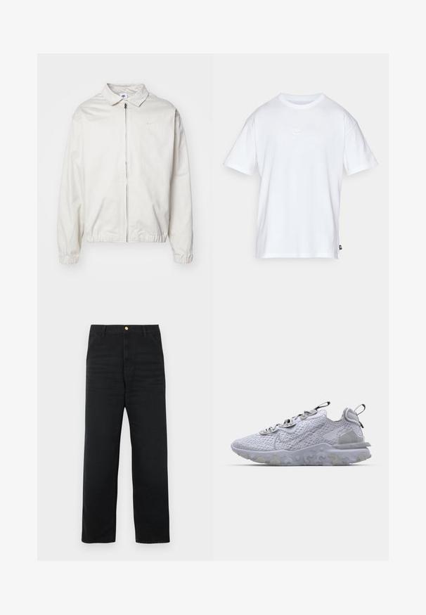 White, lightweight Nike jacket with a collared neckline, front zipper, elastic cuffs, and a small logo on the left chest. Smooth texture.; White cotton t-shirt with short sleeves and a round neck. Features a small, subtle Nike logo on the chest and a side label.; Black denim pants with a straight leg design, featuring a front button closure, two side pockets, and subtle texture.; Light gray athletic shoe with a breathable mesh upper, textured rubber sole, and reflective accents. Features a cushioned collar and lace-up design.