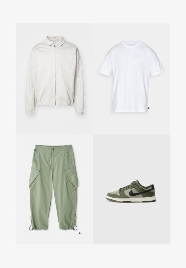 White, lightweight Nike jacket with a collared neckline, front zipper, elastic cuffs, and a small logo on the left chest. Smooth texture.; White cotton t-shirt with short sleeves and a round neck. Features a small, subtle Nike logo on the chest and a side label.; Light green cargo pants with an elastic waistband, multiple side pockets, and drawstrings at the ankles. Made of durable, textured fabric.; Green and black Nike sneakers with textured leather and mesh materials, featuring a perforated toe box and rubber outsole.