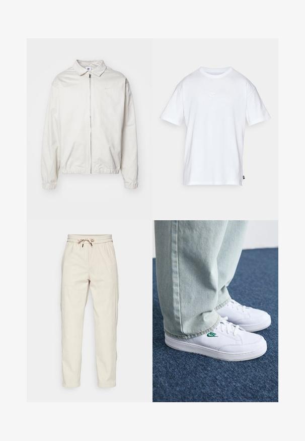 Casaco Nike branco e leve, com gola, fecho frontal, punhos elásticos e um pequeno logótipo no lado esquerdo do peito. Textura suave.; T-shirt de algodão branco com mangas curtas e decote redondo. Apresenta um pequeno e discreto logótipo da Nike no peito e uma etiqueta lateral.; Calças de veludo cotelê de tom bege claro com cintura ajustável, bolsas laterais e um corte relaxado, apresentando uma textura ribada e pernas afuniladas.; Tênis de couro brancos com logo verde da Nike, bico redondo, sola plana, combinados com calças de denim azul claro, exibidos sobre um tapete azul.