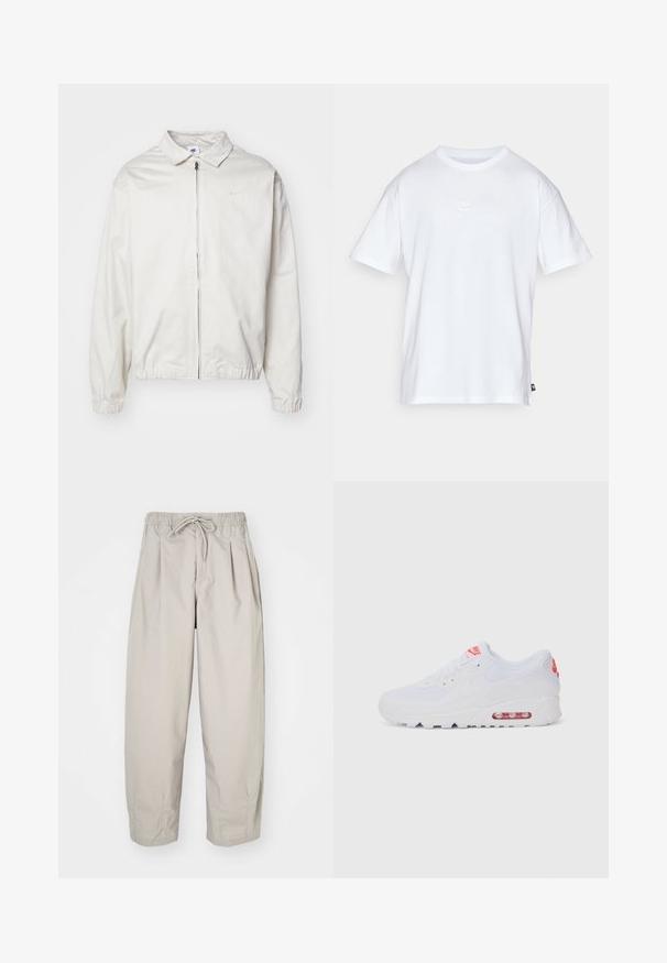 Hvit, lett Nike-jakke med kragehals, glidelås foran, elastiske mansjetter og en liten logo på venstre bryst. Glatt tekstur.; Hvit bomull t-skjorte med korte ermer og rund hals. Har en liten, subtil Nike-logo på brystet og en sidelapp.; Beige, lette bukser med elastisk midje og snor. Har folder og løs passform, laget av myk og glatt stoff.; Hvite atletiske joggesko med glatt overdel, snøring, polstret såle og synlig luftenhet med røde detaljer på merket.