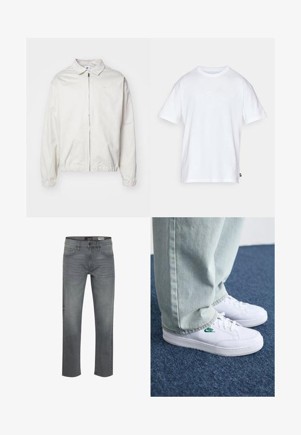 Valge, kerge Nike jakk, milles on krae, ees lukk, elastsed mansetid ja väike logo vasakul rinnal. Sile tekstuur.; Valge puuvillane t-särk lühikeste varrukatega ja ümmarguse kaelusega. Sellega on kaasas väike, tagasihoidlik Nike logo rinnal ja külgmine silt.; Hallide denim teksad otse lõikega, viie taskuga, kerge pleekimisega ja klassikalise nööpidega sulgemisega vööl. Sile tekstuur ja vastupidav kangas.; Valged nahast tennisetossud rohelise Nike logo ja ümarate varvastega, lamedate taldadega, koos helesiniste teksapükstega, esitatud sinisel vaibal.