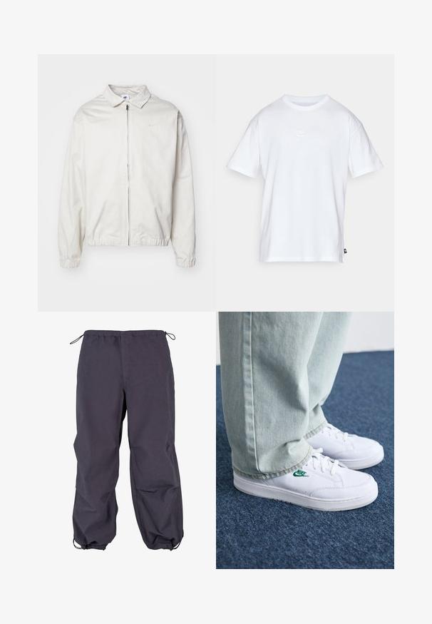 White, lightweight Nike jacket with a collared neckline, front zipper, elastic cuffs, and a small logo on the left chest. Smooth texture.; White cotton t-shirt with short sleeves and a round neck. Features a small, subtle Nike logo on the chest and a side label.; Dark gray waterproof pants with an elastic waistband, adjustable drawstring, and fitted cuffs. Smooth texture with a loose fit design.; White leather sneakers with green Nike logo, round toe, flat sole, paired with light blue denim pants, shown on a blue carpet.