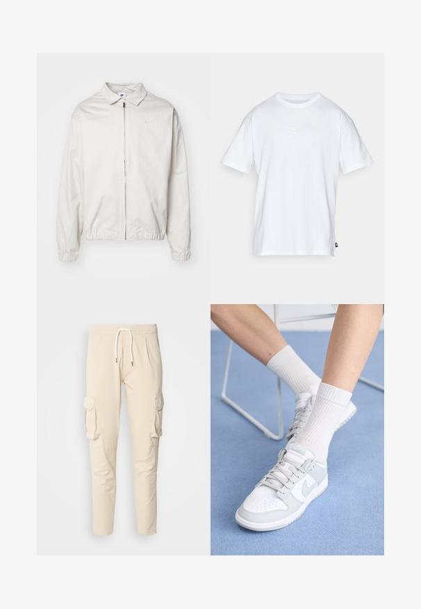 Valkoinen, kevyt Nike-takki, jossa on kauluksellinen kaula-aukko, etuvetoketju, joustavat hihansuut ja pieni logo vasemmalla rinnalla. Sujuva pinta.; Valkoinen puuvillainen t-paita, jossa on lyhyet hihat ja pyöreä kaula-aukko. Paidassa on pieni, huomaamaton Nike-logo rinnassa ja sivulappu.; Beige verkkohousut, joissa on joustava vyötärö ja narusolki. Varustettu kahdella sivutaskulla ja kapenevalla lahkeiden muotoilulla. Sujuva pinta.; Valkoiset tennarit vaaleansinisillä yksityiskohdilla, nahkainen yläosa, rei'itetty varvas, paksut nauhat ja ribattu valkoinen sukka sinistä taustaa vasten.