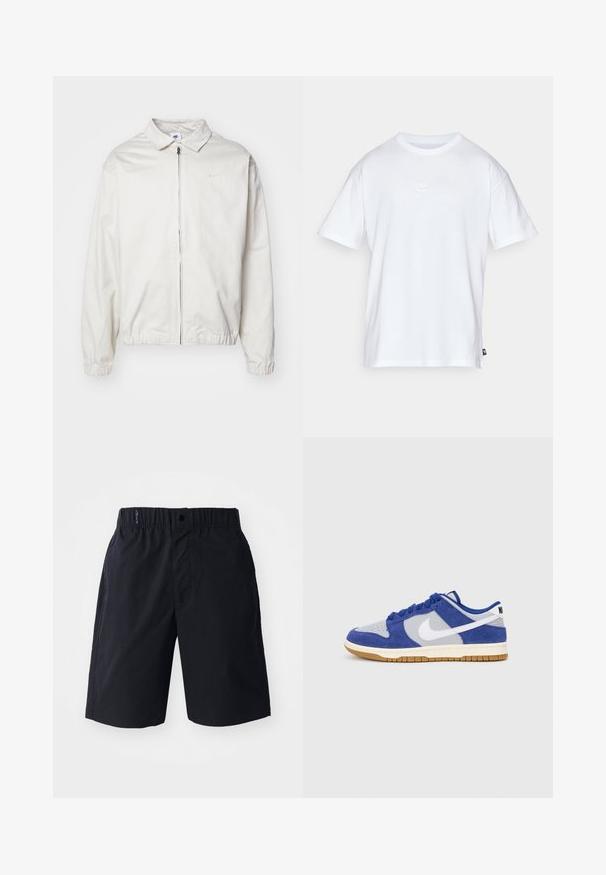 Bílá, lehká bunda Nike s límečkem, předním zipem, elastickými manžetami a malým logem na levé hrudi. Hladký povrch.; Bílý bavlněný tričko s krátkým rukávem a kulatým výstřihem. Na hrudi má malé, nenápadné logo Nike a boží štítek.; Černé šortky vyrobené z lehkého materiálu, s plochým předním dílem, elastickým pasem a bočními kapsami. Jednoduchý design bez vzorů.; Modré semišové a šedé síťované tenisky s bílým Nike swoosh, kulatými tkaničkami, polstrovaným límcem a gumovou podešví. Hladké švy v horní části.