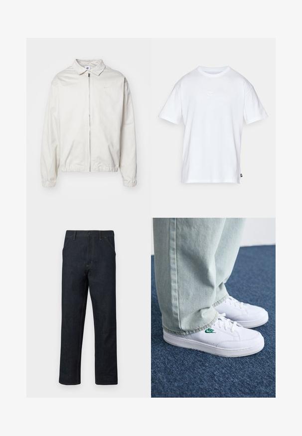 White, lightweight Nike jacket with a collared neckline, front zipper, elastic cuffs, and a small logo on the left chest. Smooth texture.; White cotton t-shirt with short sleeves and a round neck. Features a small, subtle Nike logo on the chest and a side label.; Dark blue denim jeans with a straight leg design, yellow stitching, front pockets, and a button fastener at the waist.; White leather sneakers with green Nike logo, round toe, flat sole, paired with light blue denim pants, shown on a blue carpet.