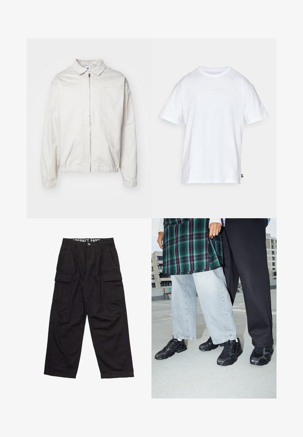 Balta, viegla Nike jaka ar apkakles kaklu, priekšējo rāvējslēdzēju, elastīgām piedurknēm un mazu logotipu kreisajā krūtī. Gluda tekstūra.; Balts kokvilnas T-krekls ar īsām piedurknēm un apaļu kakla izgriezumu. Uz krūtīm ir maza, diskrēta Nike logo un sānu birka.; Melnas kokvilnas baggy stila bikses, ar brīvu piegriezumu, vairākiem sānu kabatām un plakanu jostasvietu ar redzamām detaļām.; Melnas sporta kurpes ar sieta un gumijas elementiem. Valkātas ar gaiši pelēkiem platām biksēm un raibā zaļā krekla. Gluda virsma fonā.