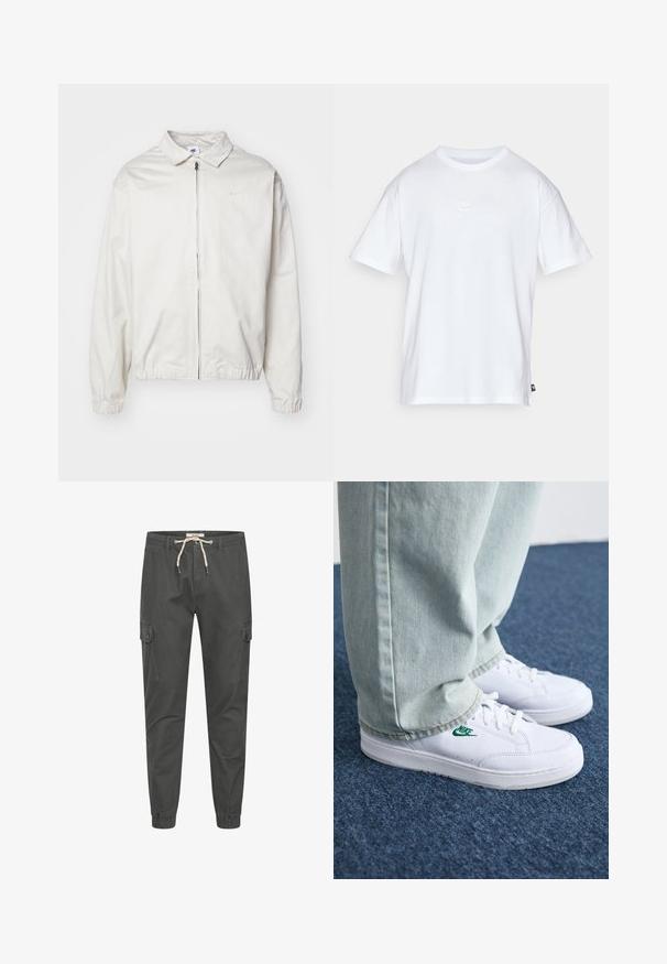 White, lightweight Nike jacket with a collared neckline, front zipper, elastic cuffs, and a small logo on the left chest. Smooth texture.; White cotton t-shirt with short sleeves and a round neck. Features a small, subtle Nike logo on the chest and a side label.; Cargo pants in dark gray fabric with an elastic waistband and adjustable drawstring; features side pockets with button flaps; tapered fit.; White leather sneakers with green Nike logo, round toe, flat sole, paired with light blue denim pants, shown on a blue carpet.