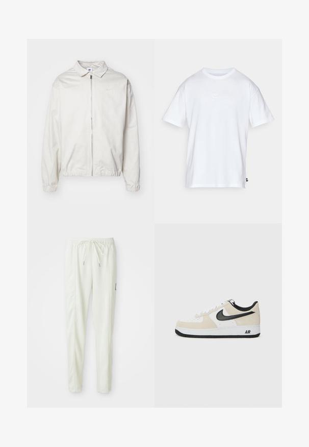 Bela, lahka Nike jakna z ovratnikom, sprednjim zadrgo, elastičnimi manšetami in majhnim logotipom na levem prsnem delu. Gladka tekstura.; Bela bomba iz bombaža s kratkimi rokavi in okroglo ovratnikom. Ima majhen, diskreten Nike logotip na prsih in stranski etiket.; Beli ožji jogger hlače s prilagodljivim pasom in vrvico, z bočnimi šivi in majhnim črnim patcheom na desni nogi.; Tenisice z svetlo bež semenom in belim usnjem, črnim Nike znak, črnimi detajli in belim gumijastim podplatom z oznako "AIR".