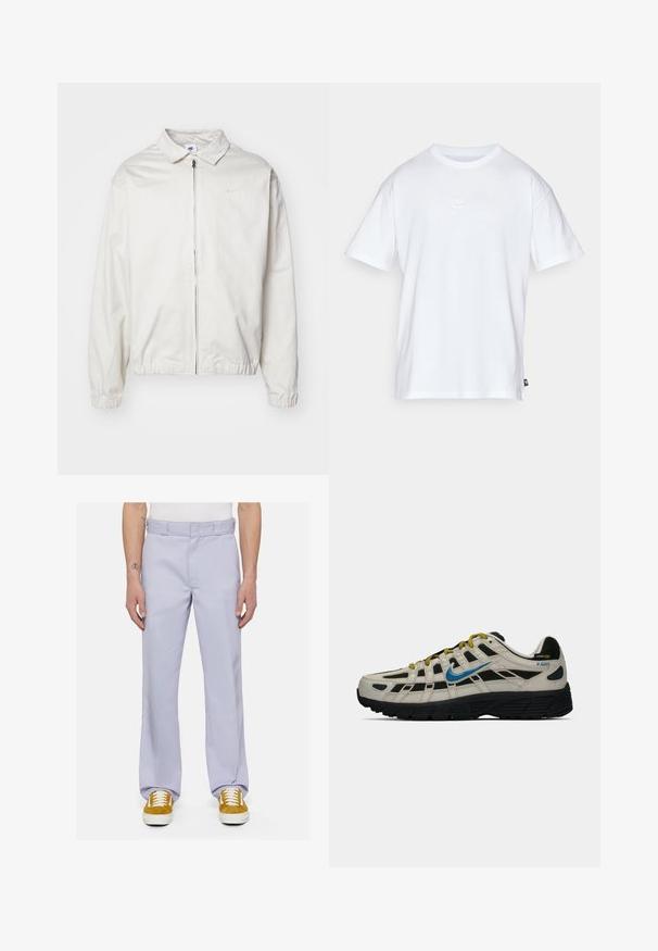 Bílá, lehká bunda Nike s límečkem, předním zipem, elastickými manžetami a malým logem na levé hrudi. Hladký povrch.; Bílý bavlněný tričko s krátkým rukávem a kulatým výstřihem. Na hrudi má malé, nenápadné logo Nike a boží štítek.; Svetle levandulové kalhoty z hladkého materiálu, s rovnými nohavicemi, prošitým pasem a minimalistickým designem, doplněné bílými teniskami.; Béžové a černé tenisky Nike P-6000 s modrým logem swoosh, žlutými tkaničkami, černou podrážkou a štítkem z Cordura tkaniny na patě.