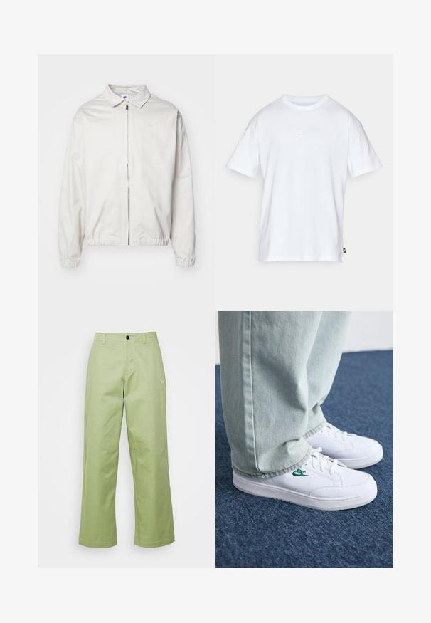 Casaco Nike branco e leve, com gola, fecho frontal, punhos elásticos e um pequeno logótipo no lado esquerdo do peito. Textura suave.; T-shirt de algodão branco com mangas curtas e decote redondo. Apresenta um pequeno e discreto logótipo da Nike no peito e uma etiqueta lateral.; Calças largas verde-claro feitas de um tecido suave com fecho de botão, apresentando um pequeno logótipo da Nike na frente.; Tênis de couro brancos com logo verde da Nike, bico redondo, sola plana, combinados com calças de denim azul claro, exibidos sobre um tapete azul.