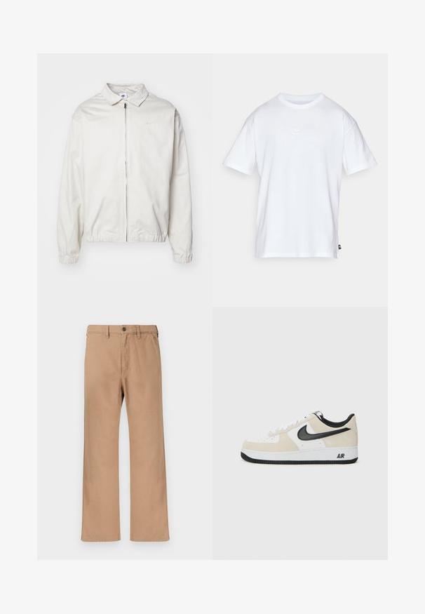Biała, lekka kurtka Nike z kołnierzykiem, zamek błyskawiczny z przodu, elastycznymi mankietami oraz małym logo na lewej piersi. Gładka faktura.; Biała bawełniana koszulka z krótkim rękawem i okrągłym dekoltem. Posiada małe, dyskretne logo Nike na piersi oraz metkę po boku.; Khaki chinos o prostym kroju, wykonane z bawełnianego splotu skośnego, z zapięciem na guziki i szlufkami na pasek, gładka faktura, bez widocznych wzorów.; Sneakers z jasnobeżowym zamszem i białą skórzaną cholewką, czarnym logo Nike, czarnymi akcentami i białą gumową podeszwą z logo "AIR".