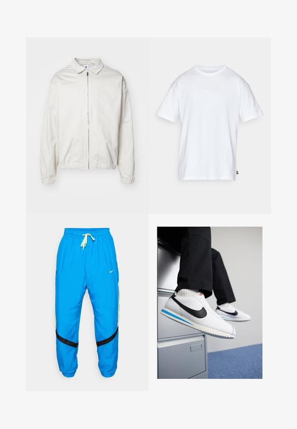 Hvid, letvægts Nike-jakke med kravehals, lynlås foran, elastiske ærmer og et lille logo på venstre bryst. Glat tekstur.; Hvid bomulds T-shirt med korte ærmer og rund hals. Har et lille, diskret Nike-logo på brystet og et sidelabel.; Blå atletiske bukser lavet af letvægtsstof. Har en justerbar talje med gul snor, sorte accenter og meshesider.; Hvide lædersneakers med et sort Nike-swoosh, lys blå og grå gummisål samt klassisk snørebånd-design. Fødderne hviler på et arkivskab.