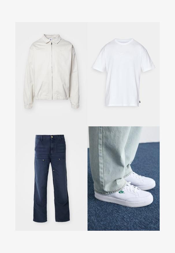 Bela, lahka Nike jakna z ovratnikom, sprednjim zadrgo, elastičnimi manšetami in majhnim logotipom na levem prsnem delu. Gladka tekstura.; Bela bomba iz bombaža s kratkimi rokavi in okroglo ovratnikom. Ima majhen, diskreten Nike logotip na prsih in stranski etiket.; Temno modri vojaški hlače iz denima, z naravnim krojem, sprednjimi žepi in zlatimi gumbi.; Bela usnjena športna obutev z zelenim Nike logotipom, okrogla konica, ravna podplat, v kombinaciji z svetlo modrimi kavbojkami, prikazana na modrem preprogu.
