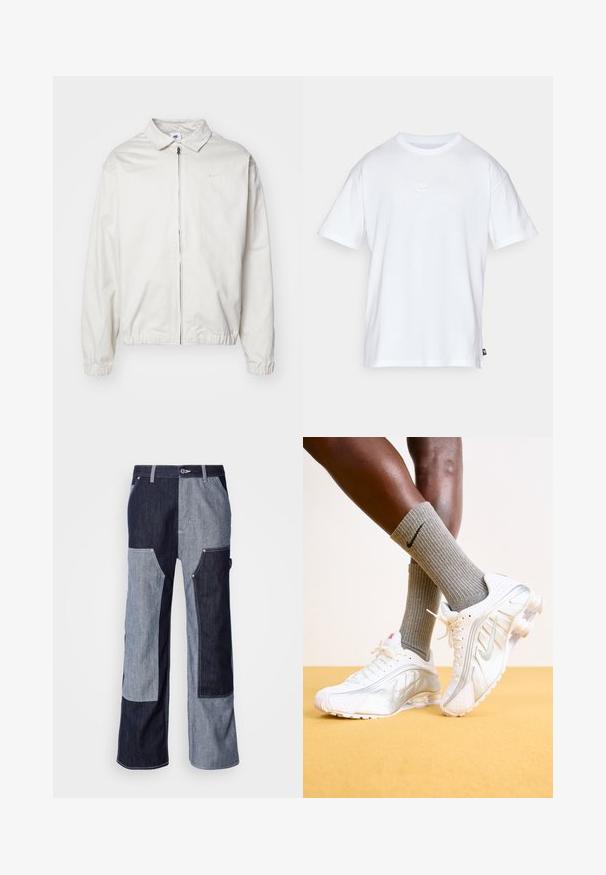 Giacca Nike bianca, leggera, con colletto, zip frontale, polsini elasticizzati e un piccolo logo sul lato sinistro del petto. Texture liscia.; T-shirt bianco in cotone con maniche corte e colletto tondo. Presenta un piccolo e discreto logo Nike sul petto e un'etichetta laterale.; Pantaloni in denim con un design a patchwork in diverse tonalità di blu scuro e chiaro, con cuciture a contrasto e gamba larga e dritta.; Sneakers Nike bianchi con accenti argento, caratterizzati da pannelli testurizzati e perforazioni. Abbinati a calze grigie a coste, su uno sfondo giallo.