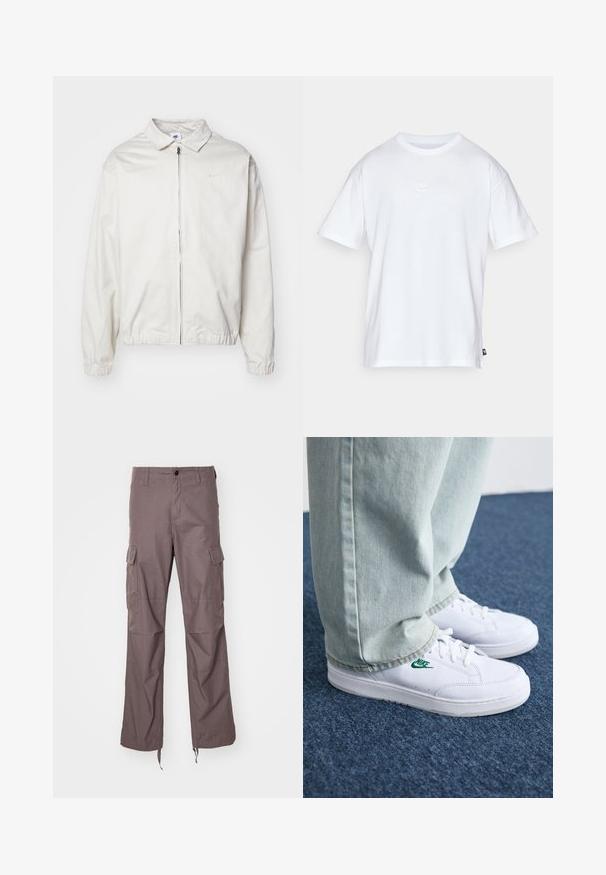 Veste Nike blanche et légère avec un col, fermeture éclair à l'avant, poignets élastiques et un petit logo sur la poitrine gauche. Texture lisse.; T-shirt en coton blanc à manches courtes et col rond. Présente un petit logo Nike subtil sur la poitrine et une étiquette sur le côté.; Pantalons cargo en tissu taupe texturé, présentant plusieurs poches latérales, un design à jambes droites et des sangles ajustables à l'ourlet.; Baskets en cuir blanc avec logo Nike vert, bout rond, semelle plate, associées à un pantalon en denim bleu clair, présentées sur un tapis bleu.