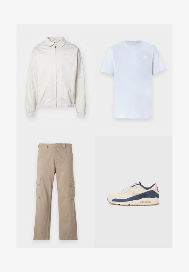 Vit, lättvikts Nike-jacka med krage, dragkedja framtill, elastiska ärmslut och en liten logotyp på vänster bröst. Slät textur.; Ljust blå bomulls-T-shirt med korta ärmar, rund halsringning och en vit Nike-logotyp tryckt på vänster bröst. Slät textur, enkel design.; Beige cargobyxor i bomull med rak bendesign, med två cargofickor på sidorna och en knappstängning i midjan.; Sneakers med ovandel i krämfärgad läder och marinblå mocka, featuring en synlig luftsål, beige gummisula och röd accent på hälen.