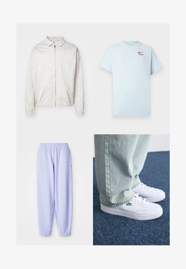 Casaco Nike branco e leve, com gola, fecho frontal, punhos elásticos e um pequeno logótipo no lado esquerdo do peito. Textura suave.; Camiseta de algodão azul clara com mangas curtas, gola redonda e um logo da Nike em vermelho. O texto diz "DEPARTAMENTO ATLÉTICO. APENAS FAÇA."; Calças de treino de cor lilás claro com um cós elástico, pernas ajustadas e punhos canelados. Confeccionadas em tecido macio e respirável.; Tênis de couro brancos com logo verde da Nike, bico redondo, sola plana, combinados com calças de denim azul claro, exibidos sobre um tapete azul.
