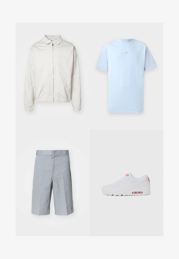 Chaqueta blanca y ligera de Nike con cuello tipo camisa, cremallera frontal, puños elásticos y un pequeño logotipo en el lado izquierdo del pecho. Textura suave.; Camiseta de algodón azul cielo con mangas cortas, cuello redondo y logo de Nike bordado en un azul ligeramente más oscuro en el pecho.; Pantalones cortos de color gris claro fabricados con un tejido resistente, con un corte recto, una cinturilla con presillas para cinturón y un sutil detalle de pliegues.; Zapatilla deportiva blanca con una parte superior lisa, cierre de cordones, suela acolchada y una unidad de aire visible con acentos rojos en la marca.