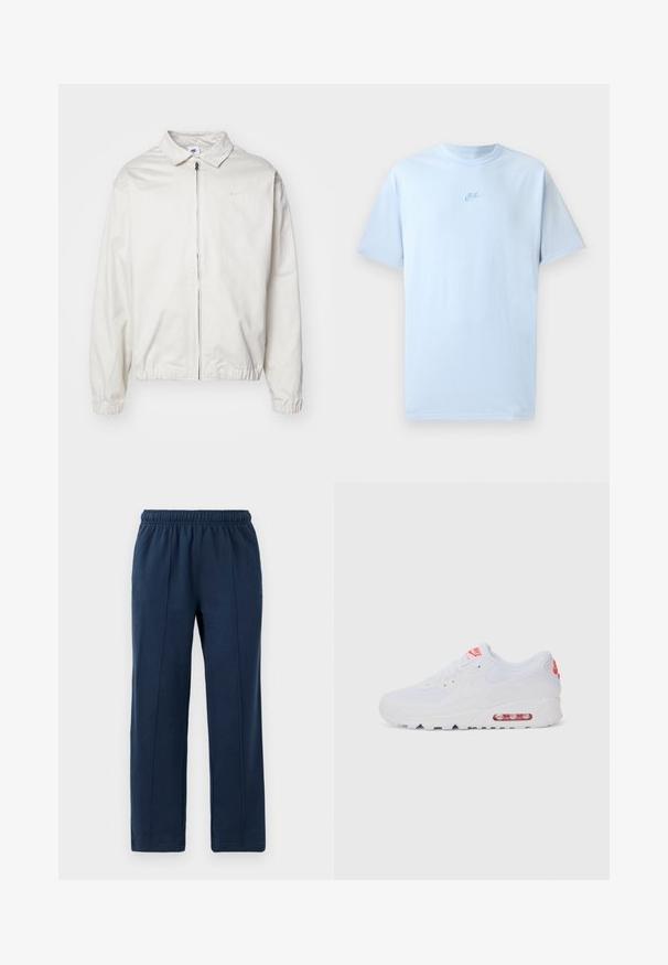 Hvit, lett Nike-jakke med kragehals, glidelås foran, elastiske mansjetter og en liten logo på venstre bryst. Glatt tekstur.; Himmelsblå bomull T-skjorte med korte ermer, rund hals og brodert Nike-logo i en noe mørkere blåfarge på brystet.; Marineblå bukser med elastisk talje, i en afslappet pasform. Har vertikale syninger og blødt bomuldsstof.; Hvite atletiske joggesko med glatt overdel, snøring, polstret såle og synlig luftenhet med røde detaljer på merket.