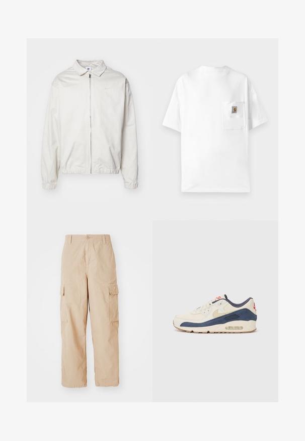 Hvit, lett Nike-jakke med kragehals, glidelås foran, elastiske mansjetter og en liten logo på venstre bryst. Glatt tekstur.; Hvit bomulls t-skjorte med rund hals, korte ermer og brystlomme med logo-patch. Minimalistisk design og sømløs tekstur.; Beige cargo-bukser med et afslappet fit, lavet af letvægtsstof, med to sidelommer og knaplukning i taljen.; Sko med overdel i kremfarget lær og marineblå semsket skinn, med synlig luftsåle, beige gummisåle og rød detalj på hælen.
