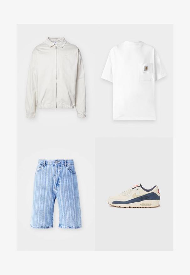 Valge, kerge Nike jakk, milles on krae, ees lukk, elastsed mansetid ja väike logo vasakul rinnal. Sile tekstuur.; Valge puuvillane T-särk ümmarguse kaelusega, lühikeste varrukatega ja rinna taskuga, millel on logotootja patch. Minimalistlik disain ja sujuv tekstuur.; Heledad sinine teksapüksid, millel on vertikaalsed valged triibud, klassikalise viie tasku disainiga ja nööbi kinnitusega taljes.; Kreem nahk ja tumesinise nubukiga ülaosa, millel on nähtav õhksool, beež kummist välistald ja punane aktsent kanna peal.