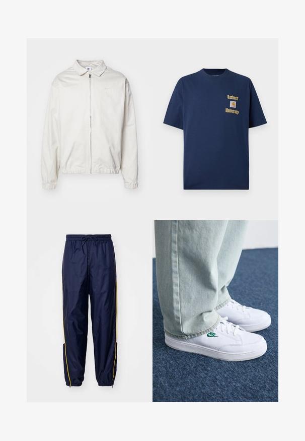 Casaco Nike branco e leve, com gola, fecho frontal, punhos elásticos e um pequeno logótipo no lado esquerdo do peito. Textura suave.; T-shirt de algodão azul-marinho com mangas curtas, apresentando texto dourado "Carhartt University" e um emblema no lado esquerdo do peito.; Calças de treino leves, em azul-marinho, com um cós elástico e cordão. Apresentam riscas amarelas nas laterais e aberturas com fecho zip na parte inferior das pernas.; Tênis de couro brancos com logo verde da Nike, bico redondo, sola plana, combinados com calças de denim azul claro, exibidos sobre um tapete azul.