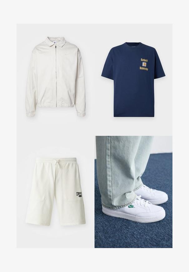 Valge, kerge Nike jakk, milles on krae, ees lukk, elastsed mansetid ja väike logo vasakul rinnal. Sile tekstuur.; Tume sinine puuvillane T-särk lühikeste varrukatega, millel on kuldne kiri "Carhartt University" ja logo aplikaat vasakul rinnal.; Kreemja värvi lühikesed püksid pehmest kangast, millel on kaks suurt küljetaskut ja must "Converse All Star" logo paremal jalal.; Valged nahast tennisetossud rohelise Nike logo ja ümarate varvastega, lamedate taldadega, koos helesiniste teksapükstega, esitatud sinisel vaibal.