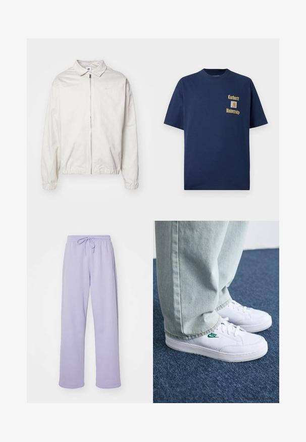 Fehér, könnyű Nike dzseki, galléros nyakkal, elöl cipzárral, elasztikus mandzsettákkal és kis logóval a bal melle részén. Simaszerű textúra.; Sötétkék pamut póló rövid ujjal, arany színű "Carhartt University" felirattal és logóval a bal mellen.; Lila melegítőnadrág, elasztikus derékrésszel és zsinórral. Puha anyag, egyenes fazon, oldalsó zsebekkel. Sima textúra.; Fehér bőr sportcipők zöld Nike logóval, kerek orral, lapos talppal, világoskék farmernadrággal párosítva, kék szőnyegen bemutatva.