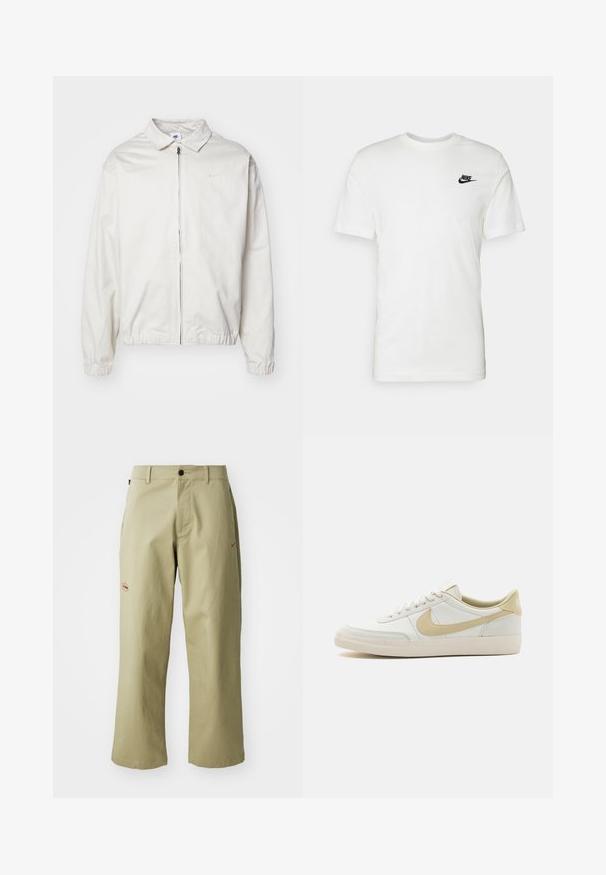 Biała, lekka kurtka Nike z kołnierzykiem, zamek błyskawiczny z przodu, elastycznymi mankietami oraz małym logo na lewej piersi. Gładka faktura.; Biała bawełniana koszulka z krótkim rękawem, okrągłym dekoltem i czarnym logo Nike na lewej piersi. Gładka textura i klasyczny krój.; Khaki szerokie spodnie wykonane z bawełny, z zapięciem na guzik, bocznymi kieszeniami i haftowanym logo Nike w kolorze czerwonym po boku.; Białe skórzane sneakersy z off-white podeszwą, jasnobeżowymi akcentami i teksturowaną powierzchnią. Posiadają centralne sznurowanie i wyraźne logo po boku.