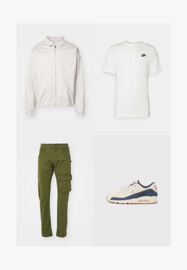 Hvid, letvægts Nike-jakke med kravehals, lynlås foran, elastiske ærmer og et lille logo på venstre bryst. Glat tekstur.; Hvid bomulds t-shirt med korte ærmer, rund halsudskæring og et sort Nike-logo på venstre brystområde. Glat tekstur og klassisk pasform.; Oliven grønne cargo bukser lavet af bomuld, med to sidelommer og en stor cargo lomme på højre ben, i en lige ben-design.; Sneakers med en overdel i cremefarvet læder og marineblå ruskind, med en synlig luftsål, beige gummisål og røde detaljer på hælen.