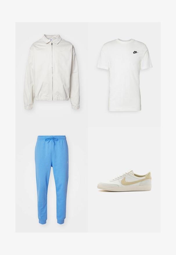 Balta, viegla Nike jaka ar apkakles kaklu, priekšējo rāvējslēdzēju, elastīgām piedurknēm un mazu logotipu kreisajā krūtī. Gluda tekstūra.; Balta kokvilnas T-kreklu ar īsām piedurknēm, apaļu kakla izgriezumu un melnu Nike logotipu kreisajā krūtīs. Gluda tekstūra un klasiskā piegriezuma siluets.; Gaiši zili sporta bikses maigā kokvilnas maisījumā. Iezīmēta ar elastīgu jostasvietu ar auklu un aprocēm uz potītēm. Izšūta logo sānos.; Balta ādas sporta apavi ar off-white zoli, gaiši beidzētiem akcentiem un strukturētu virsmu. Iezīmējas ar centrālo šņorēšanu un izteiktu sānu logotipu.