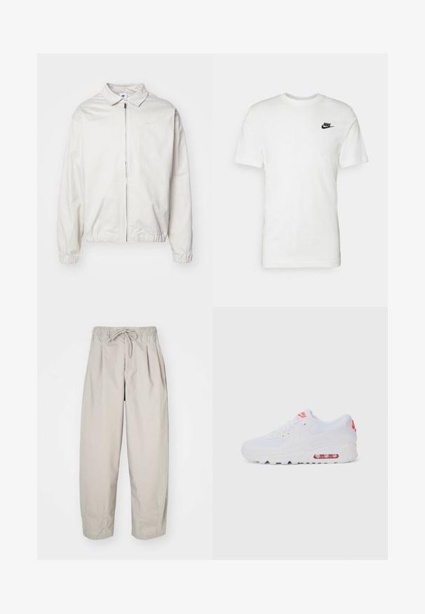 Chaqueta blanca y ligera de Nike con cuello tipo camisa, cremallera frontal, puños elásticos y un pequeño logotipo en el lado izquierdo del pecho. Textura suave.; Camiseta de algodón blanca con mangas cortas, cuello redondo y un logo negro de Nike en el área del pecho izquierdo. Textura suave y corte clásico.; Pantalones ligeros color beige con cintura elástica y cordón de ajuste. Presentan pliegues y un corte holgado, elaborados con una tela suave y lisa.; Zapatilla deportiva blanca con una parte superior lisa, cierre de cordones, suela acolchada y una unidad de aire visible con acentos rojos en la marca.