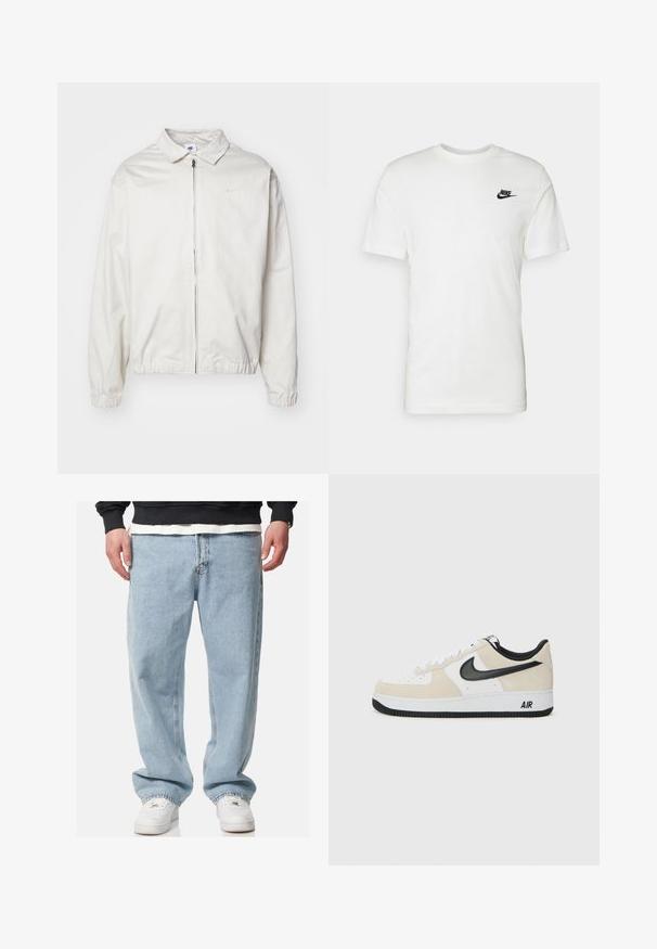 White, lightweight Nike jacket with a collared neckline, front zipper, elastic cuffs, and a small logo on the left chest. Smooth texture.; White cotton t-shirt with short sleeves, round neckline, and a black Nike logo on the left chest area. Smooth texture and classic fit.; Light blue denim jeans with a loose fit, straight leg design, and subtle fading. Finished with traditional five-pocket styling and stitching details.; Sneakers with a light beige suede and white leather upper, black Nike swoosh, black accents, and a white rubber sole featuring "AIR" branding.