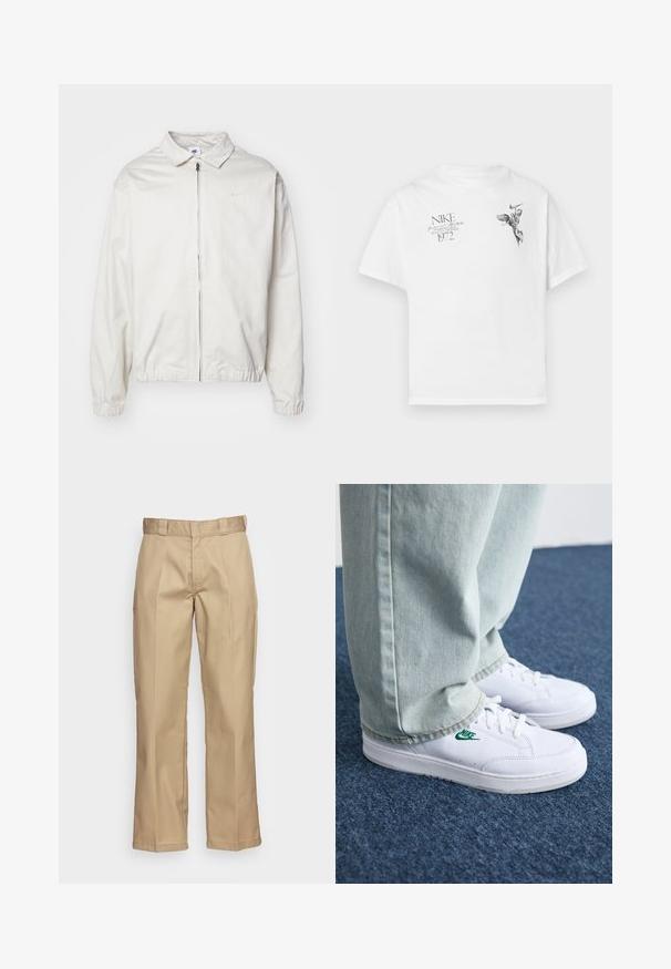 Veste Nike blanche et légère avec un col, fermeture éclair à l'avant, poignets élastiques et un petit logo sur la poitrine gauche. Texture lisse.; T-shirt en coton blanc avec un imprimé graphique noir d'une figure ailée et du texte, avec un col rond et des manches courtes.; Pantalons kaki avec une coupe droite, fabriqués en tissu robuste, présentant une texture lisse et un devant à double pli pour plus de détails.; Baskets en cuir blanc avec logo Nike vert, bout rond, semelle plate, associées à un pantalon en denim bleu clair, présentées sur un tapis bleu.