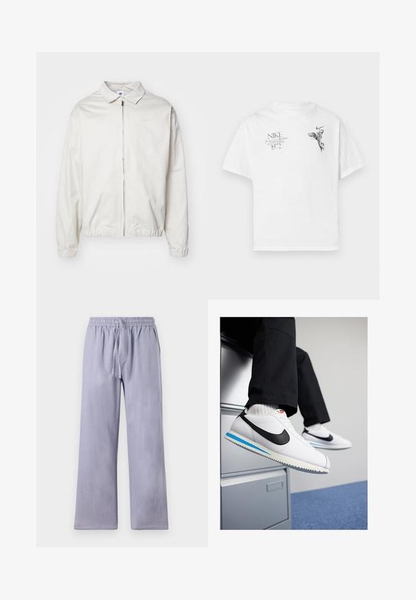 Valkoinen, kevyt Nike-takki, jossa on kauluksellinen kaula-aukko, etuvetoketju, joustavat hihansuut ja pieni logo vasemmalla rinnalla. Sujuva pinta.; Valkoinen puuvillapaita, jossa on musta graafinen printti siivekkäästä hahmosta ja teksti, pyöreä kaula-aukko ja lyhyt hiha.; Vaaleanliilat, löysät housut leveillä lahkeilla, valmistettu pehmeästä kankaasta. Varustettu joustovyöllä ja nyörillä säätämistä varten.; Valkoiset nahkakengät, joissa on musta Nike-logomerkki, vaaleansininen ja harmaa kumipohja sekä klassinen nauhakiinnitys. Jalat lepäävät asiakirjakaapilla.