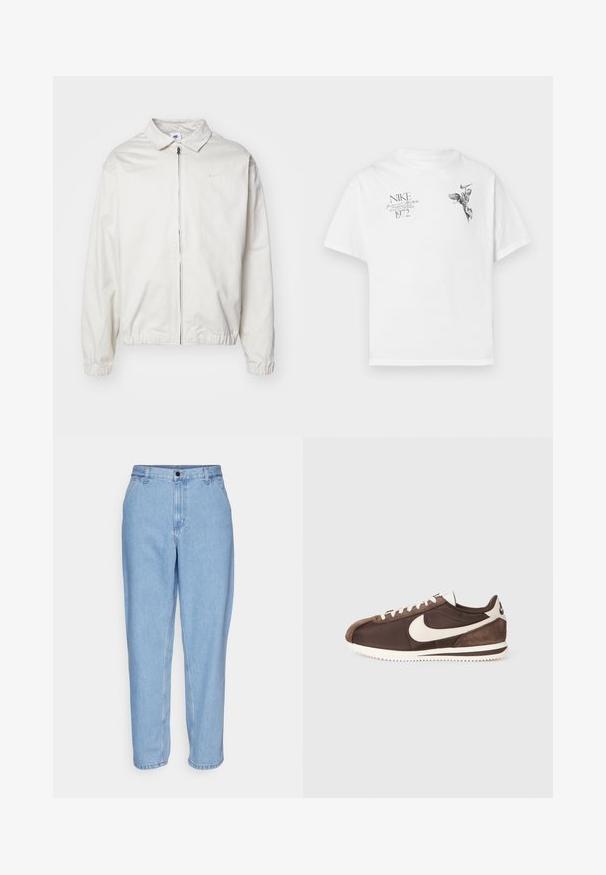 Bijela, lagana Nike jakna s ovratnikom, prednjim patentnim zatvaračem, elastičnim rukavima i malim logom na lijevoj strani prsa. Glatka tekstura.; Bijela pamučna majica s crnim grafičkim otiskom krilate figure i teksta, s okruglim izrezom i kratkim rukavima.; Svijetloplavi traperice s ležernim krojem, visokim strukom i ravnim nogavicama. Sadrže prednje džepove i metalnu kopču.; Smeđi tenisice s kombinacijom od suede i platna, s bijelim Nike swoosh logotipom i teksturiranim gumenenim potplatom.