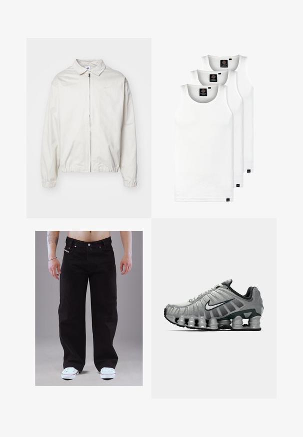 White, lightweight Nike jacket with a collared neckline, front zipper, elastic cuffs, and a small logo on the left chest. Smooth texture.; Three white ribbed tank tops made of cotton. Features a crew neck and small black labels near the hem. Available in multiple sizes.; Black denim pants with a straight-leg design, five pockets, metal button closure, and visible stitching. Paired with white sneakers.; Grey and black Nike running shoe with visible spring-like cushioning under the sole and a white swoosh logo on the side.