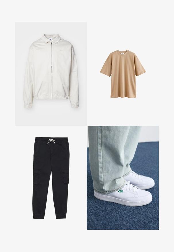 Biała, lekka kurtka Nike z kołnierzykiem, zamek błyskawiczny z przodu, elastycznymi mankietami oraz małym logo na lewej piersi. Gładka faktura.; Beżowa koszulka z krótkim rękawem, wykonana z bawełny, z okrągłym dekoltem i luźnym krojem. Posiada gładką strukturę, bez wzorów czy ozdobników.; Czarne spodnie cargo wykonane z bawełny, z elastycznym pasem na sznurek, bocznymi kieszeniami oraz zwężanymi nogawkami.; Białe skórzane sneakersy z zielonym logo Nike, okrągły czubek, płaska podeszwa, zestawione z jasnoniebieskimi dżinsami, pokazane na niebieskim dywanie.