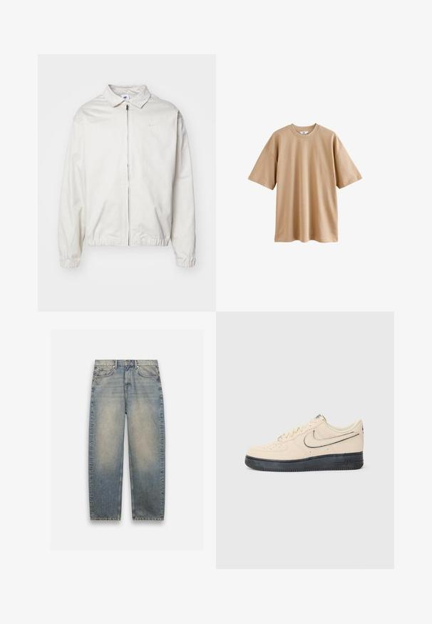 Valge, kerge Nike jakk, milles on krae, ees lukk, elastsed mansetid ja väike logo vasakul rinnal. Sile tekstuur.; Lühikeste varrukatega beež puuvillane T-särk ümarate kaelustega ja lõdva lõikega, millel on sile tekstuur ning ei mingeid mustreid või aktsente.; Heledsinine denimpüksid lõdva lõikega, millel on kulunud viimistlus, viis taskut ja nööbiväli. Sirge sääre kujundus minimaalsete õmblustega.; Beige südamega Nike Air Force 1 tossud musta kummitallaga, õmmeldud aktsendid, aukudega varvas ja silmapaistev swoosh logo.