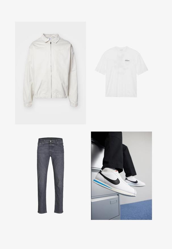 Biela, ľahká bunda Nike s golierom, predným zipsom, elastickými manžetami a malým logom na ľavej strane hrudníka. Hladká textúra.; Biela bavlnená tričko s krátkymi rukávmi, na prednej strane s potlačou "Vznášaj sa do pokoja" v čiernej a zelenej farbe.; Tmavé deninové džínsy so strihaťou rovného nohavice, s klasickým piatym vreckovým štýlom, pútkami na opasok a jemným detailom umelého opotrebovania.; Biele kožené tenisky s čiernym logom Nike, svetlomodrou a šedou gumovou podrážkou a klasickým šnurovacím dizajnom. Nohy položené na fileciante.