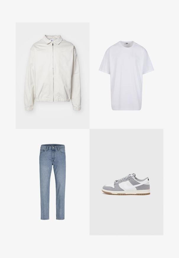 Vit, lättvikts Nike-jacka med krage, dragkedja framtill, elastiska ärmslut och en liten logotyp på vänster bröst. Slät textur.; Vit bomull t-shirt med korta ärmar, rundad halsringning, avslappnad passform och utan synliga logotyper eller mönster. Slät textur och minimal design.; Ljusblå denimjeans med rak benform, femficksdesign, sydda sömmar och knappstängning i midjan.; Grå och vit sneakers med överdel i mocka och läder, rund tå, platta snören och en gummisula med ett accent i gummi.