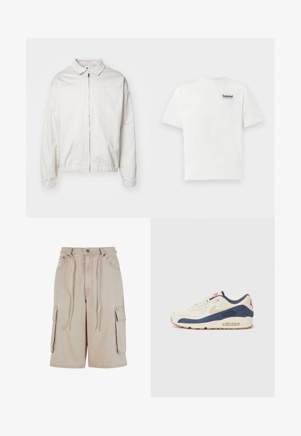 Balta, lengva Nike striukė su apykakle, priekiniais užtrauktuku, elastingomis rankogaliais ir maža logotipu kairiajame krūtinės kampe. Lygus paviršius.; Balta medvilnė marškinėliai su mėlynu siuvinėtu "Timberland Rugged Active Gear" logotipu kairiajame krūtinės viršuje. Trumpi rankovės ir apvalus kaklas.; Šviesiai rudos spalvos medvilniniai cargo šortai su pintu juosmeniu, dviem šoninėmis kišenėmis ir viena šonine kišene, pasižymintys matomais siuvimo detalėmis.; Bėgimo bateliai su kreminės odos ir tamsiai mėlyno zomšo viršutine dalimi, turintys matomą oro padą, smėlio spalvos guminiu padu ir raudonu akcentu ant kulno.